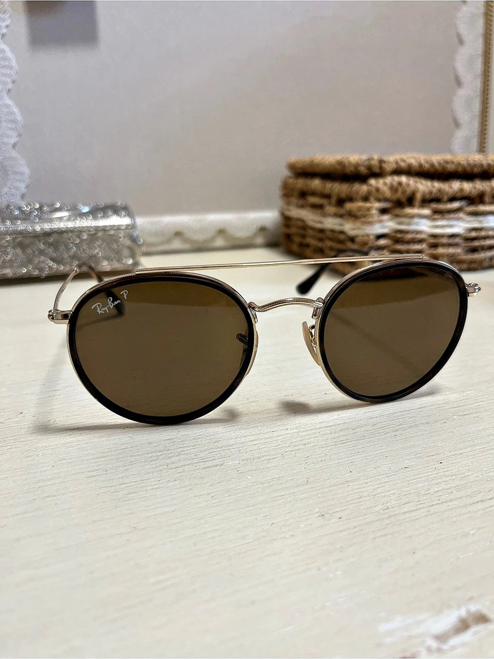 Ray-Ban Round Double Bridge Brown & Gold Sunglasses